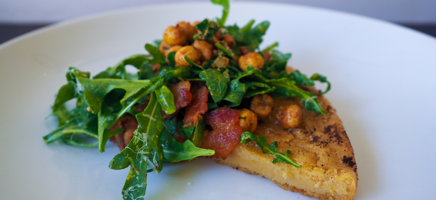 Socca with Crispy Chickpeas, Arugula & Bacon Salad plated