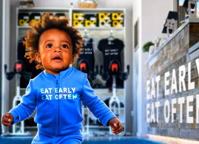 Baby wearing "Eat Early, Eat Often" tracksuit 